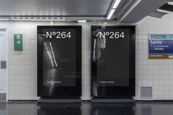 Alt: Sleek subway ad mockup featuring two vertical billboards for design presentation, perfect for showcasing advertising work in a realistic urban setting.