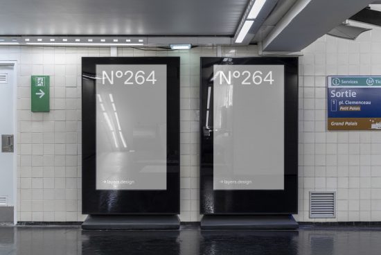 Two vertical advertising mockup displays in a subway station setting, perfect for presenting posters or ads in a realistic urban environment.