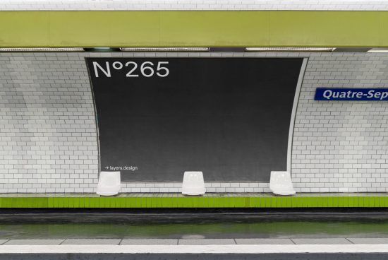 Subway station billboard mockup with editable design space, white tiled wall background, for graphic and ad designers.