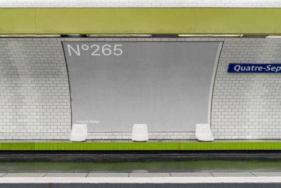Modern subway station mockup with clean design, white tiled wall, bench seats, and signage, ideal for urban transportation-themed graphics and ads.