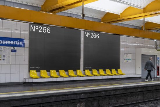 Modern subway station interior mockup with yellow seats, large advertising spaces, and blurred walking person, ideal for urban design presentations.