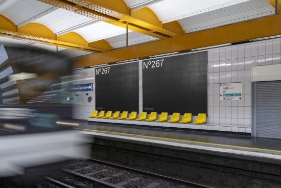Subway station interior with blurred moving train, yellow seats, and signage, ideal for mockup designs and urban graphics templates.