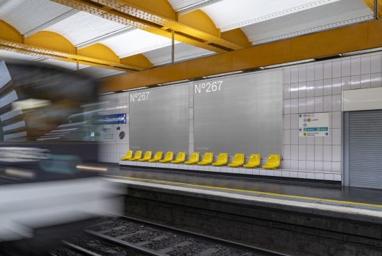 Subway station interior with blurred moving train, yellow seats lined up, tiled walls, signage, suitable for transportation mockups and urban graphics.