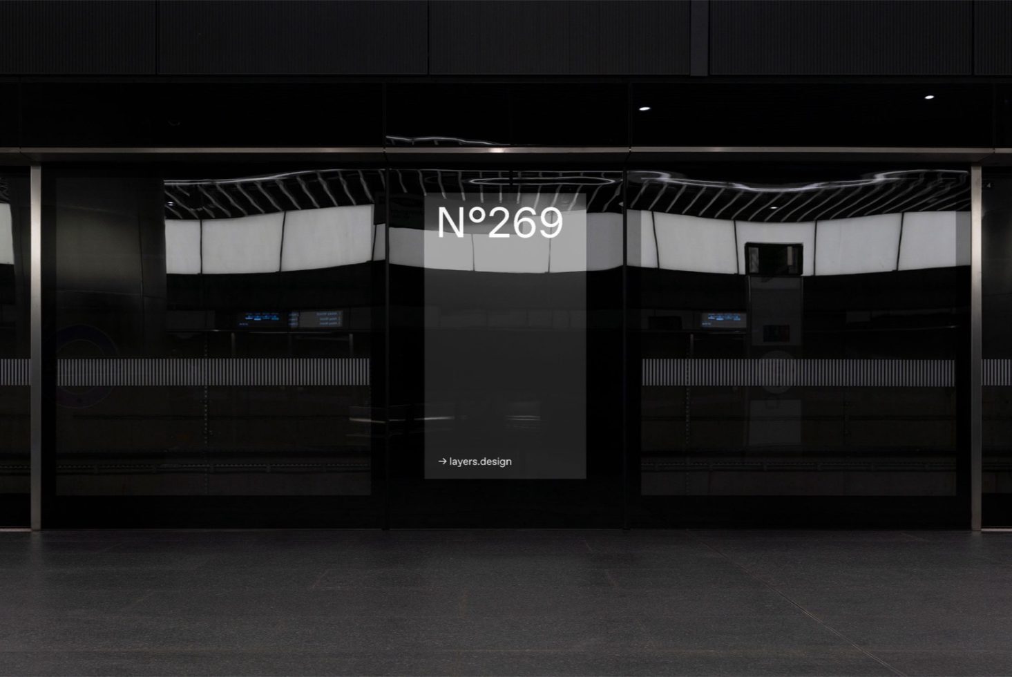 Sleek storefront mockup with reflective glass and modern design number label, ideal for presentations and branding showcases in graphics category.