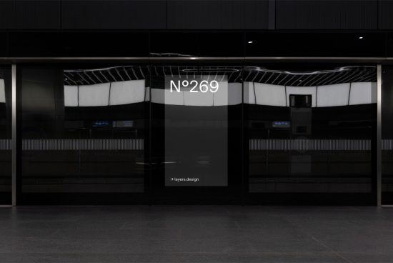 Sleek storefront mockup with reflective glass and modern design number label, ideal for presentations and branding showcases in graphics category.