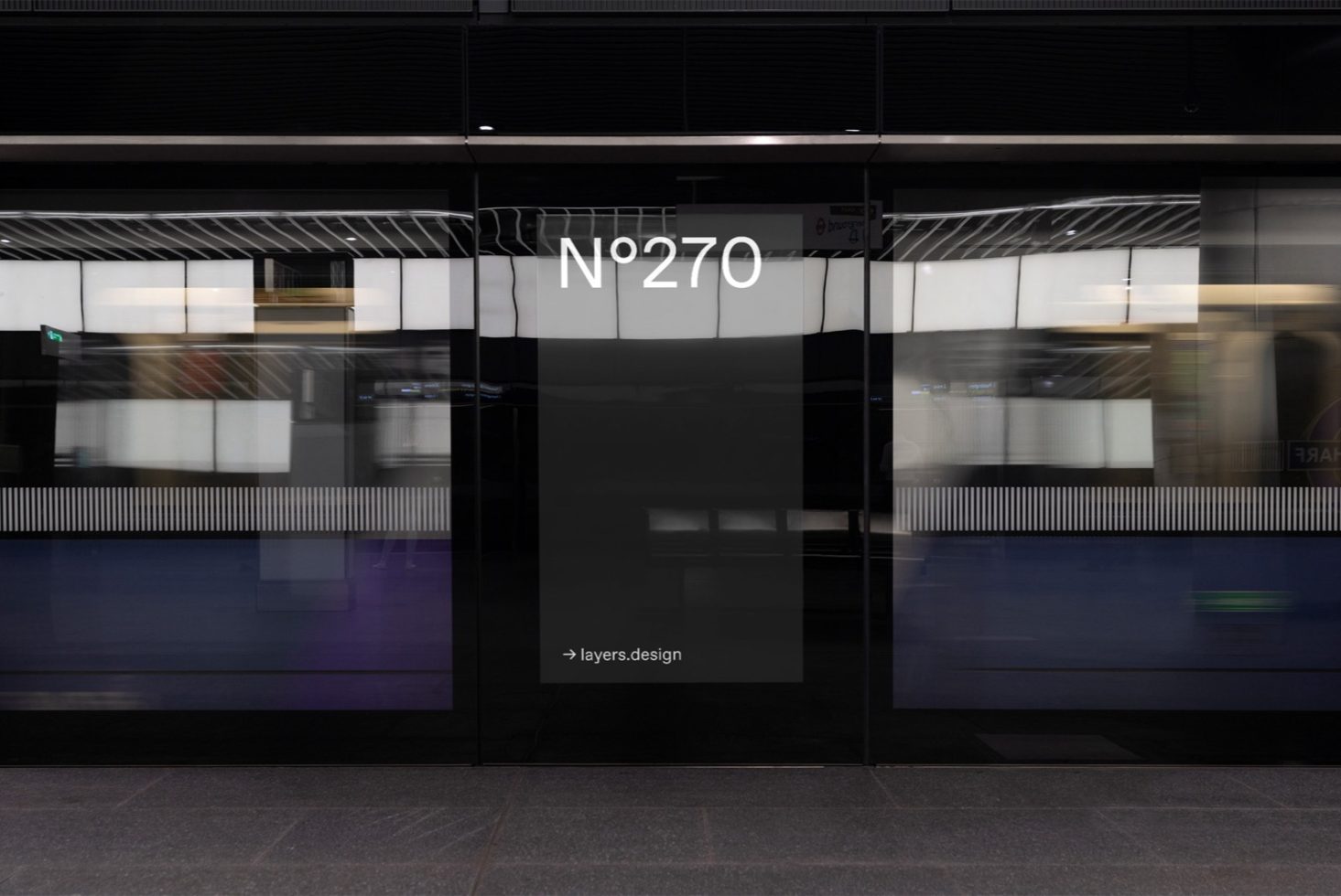 Modern subway train in motion blur by station glass door mockup with number and text space for designers, digital assets graphic template.