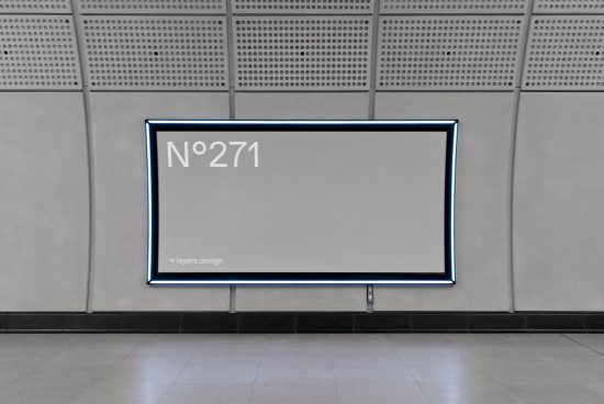 Sleek billboard mockup in a modern interior setting with blue neon backlight, perfect for showcasing advertising designs and posters.