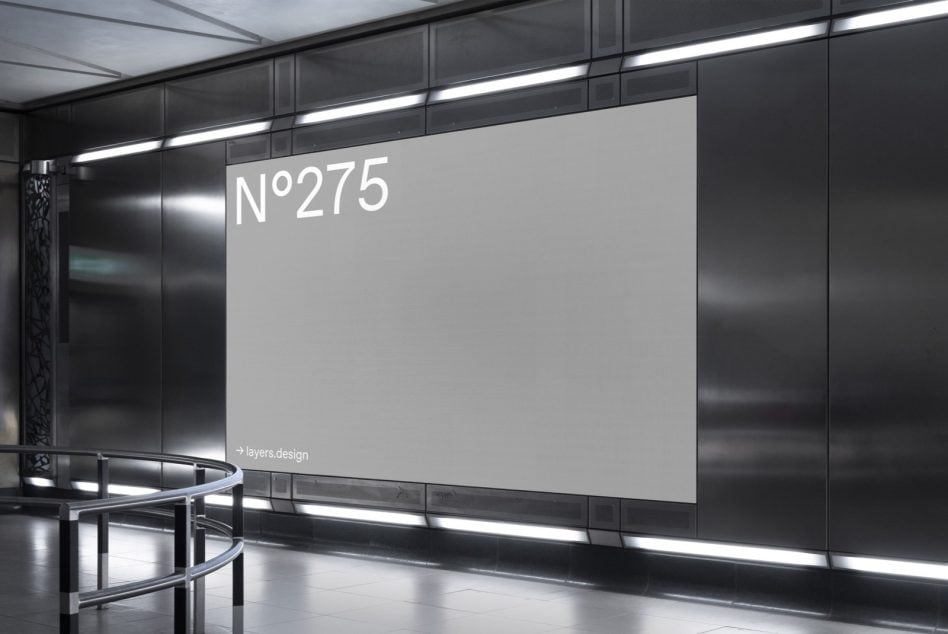 Large grey billboard N°275 in modern corridor with LED strips