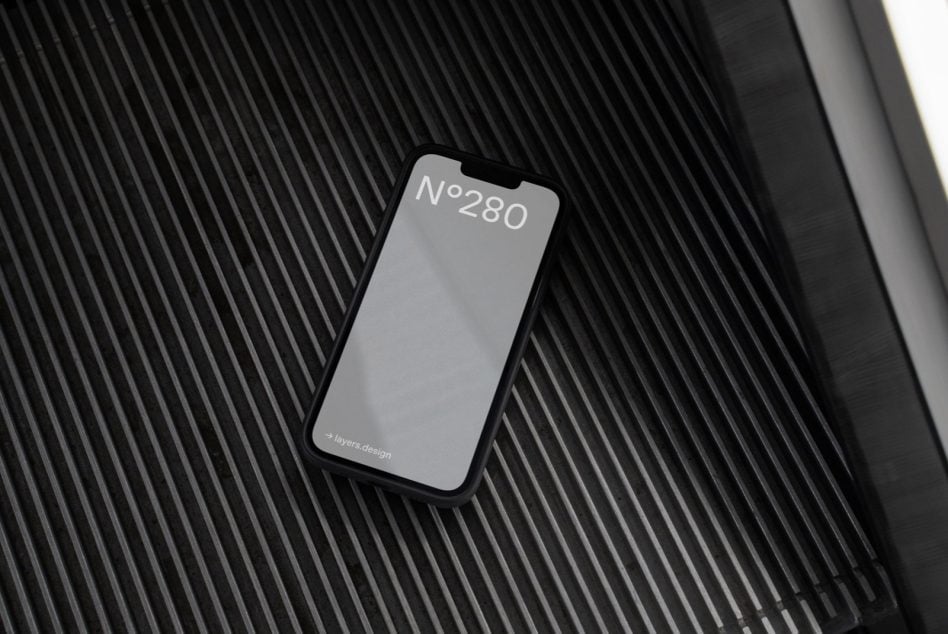 Light gray iPhone mockup with No.280 label on dark striped background