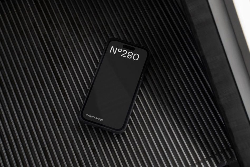 Black iPhone mockup with No.280 label on dark striped background