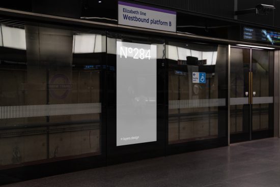 Subway station advertisement mockup in a modern, clean underground setting for designers to display graphics and branding designs.