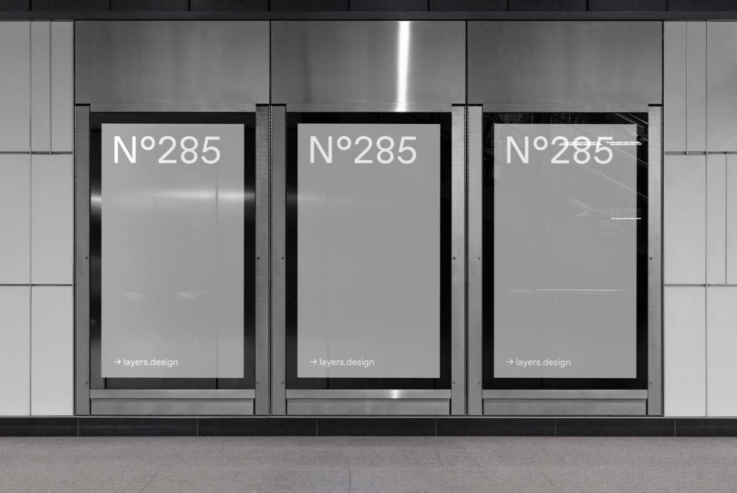 Triple billboard mockups in a subway station for poster design presentation, featuring clean, modern aesthetics with room for customization.