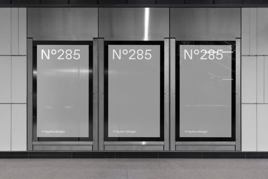 Triple billboard mockups in a subway station for poster design presentation, featuring clean, modern aesthetics with room for customization.