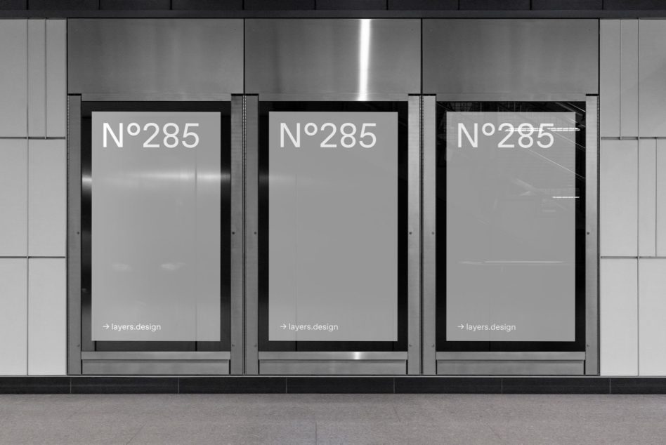 Triple billboard mockups in a subway station for poster design presentation, featuring clean, modern aesthetics with room for customization.