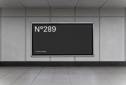 Black billboard mockup in a modern subway station interior, suitable for advertising and poster design display for graphic designers.