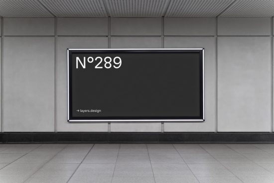 Black billboard mockup in a modern subway station interior, suitable for advertising and poster design display for graphic designers.