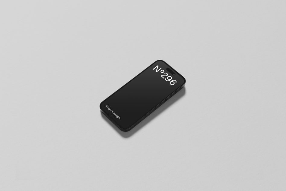 Black iPhone mockup tilted showing N°296 display with layers.design