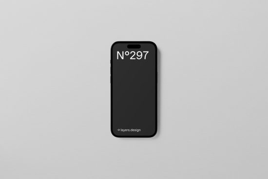 Smartphone mockup with minimalist style number label and designer branding on a neutral background for app and responsive web design presentations.
