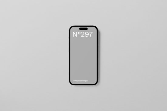 Minimalist smartphone mockup with shadow on a gray background, ideal for presenting app designs and user interfaces, by layers.design.