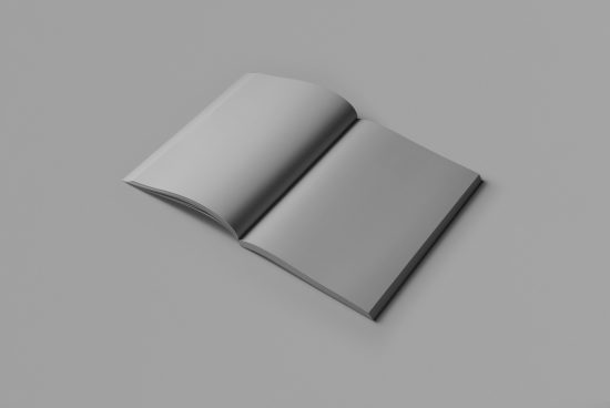 Open magazine mockup with blank pages on a gray background, ideal for design presentations and digital asset portfolios.