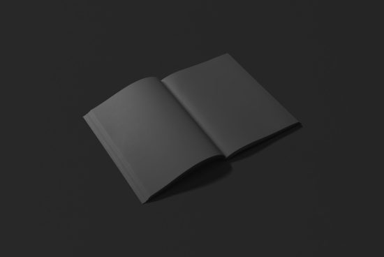 Open magazine mockup on dark background, realistic black blank booklet template, design presentation for portfolio or branding.