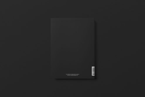 Black book cover mockup on dark background, minimalist design, blank space for branding, template ready for presentation.