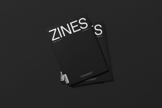 Elegant magazine mockup on dark background with minimalistic white font, perfect for presentation and portfolio display for designers.