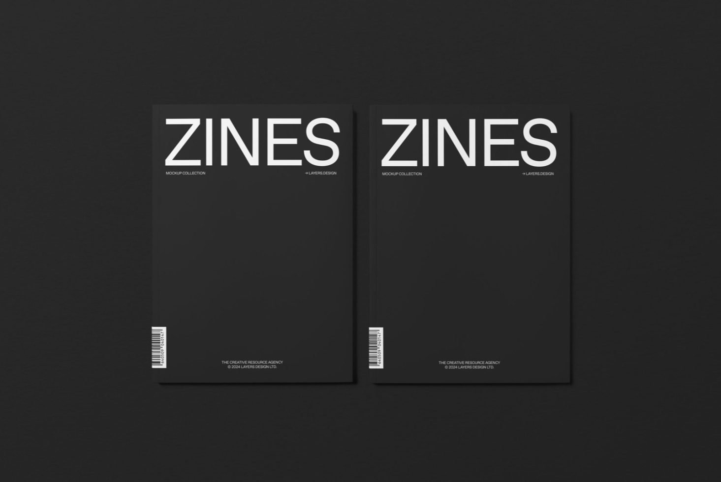 Two minimalist magazine cover mockups in black with bold white typography, ideal for showcasing design and layouts for publications.