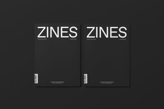 Two minimalist magazine cover mockups in black with bold white typography, ideal for showcasing design and layouts for publications.