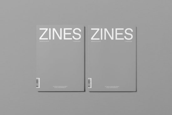 Magazine mockup with two minimal design zines on a gray background, showcasing editable cover for presentation and portfolio display.