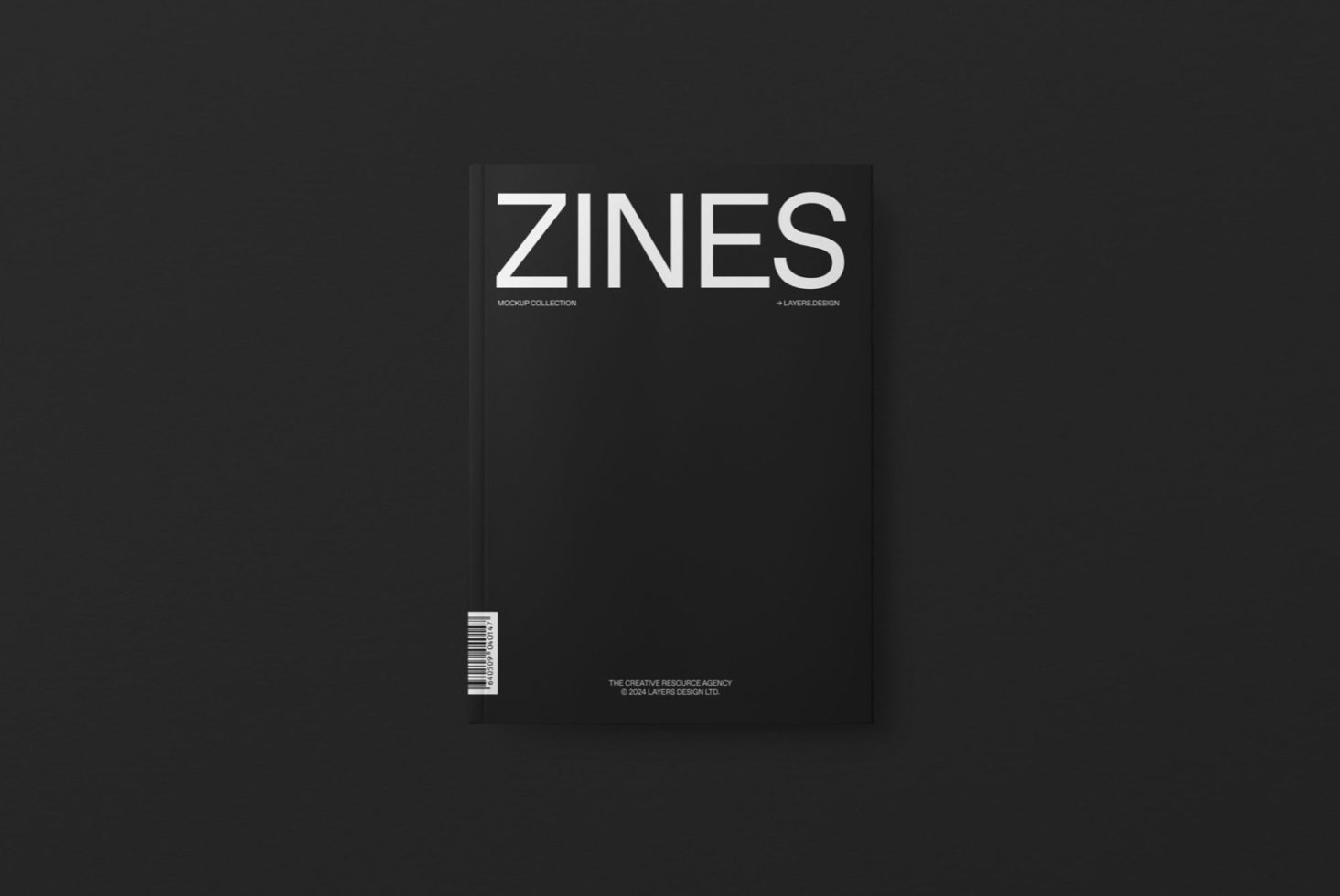 Sleek magazine cover mockup in black with minimalist design, perfect for presentations and portfolio display for graphic designers.