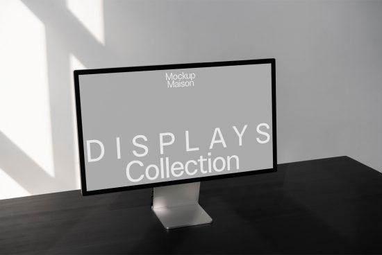 Stylish computer monitor mockup on desk with shadow overlay for digital design presentations, part of the Displays Collection for designers.