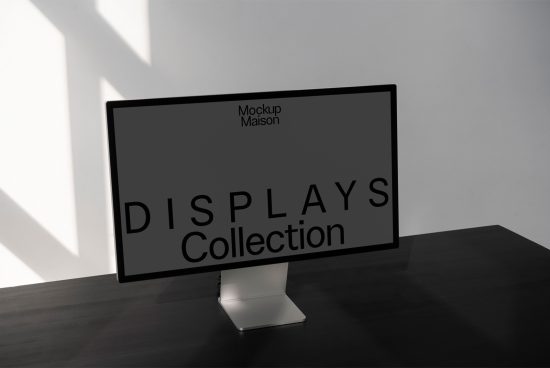 Modern computer monitor mockup in a minimalistic setting with shadows, ideal for displaying interface designs or web projects, perfect for designers.