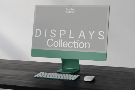 Modern computer monitor mockup on desk with keyboard and mouse, sleek design for Mockups category, ideal for presenting digital work.