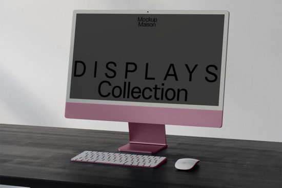 Modern computer monitor mockup on desk with keyboard and mouse for digital design presentation, sleek workspace for creative professionals.