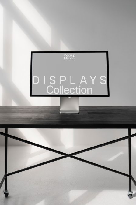 Elegant computer monitor mockup on desk with modern design, minimalist shadow play, for graphic display presentations.