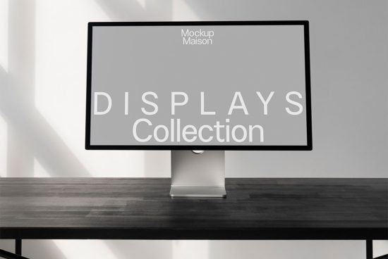 Elegant computer monitor mockup on wooden desk with shadow overlay, displaying 'DISPLAYS Collection' for design presentation.