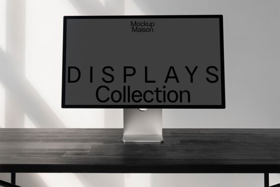 Professional monitor mockup on a dark wood desk for showcasing display designs, ideal for designers looking for realistic screen presentations.