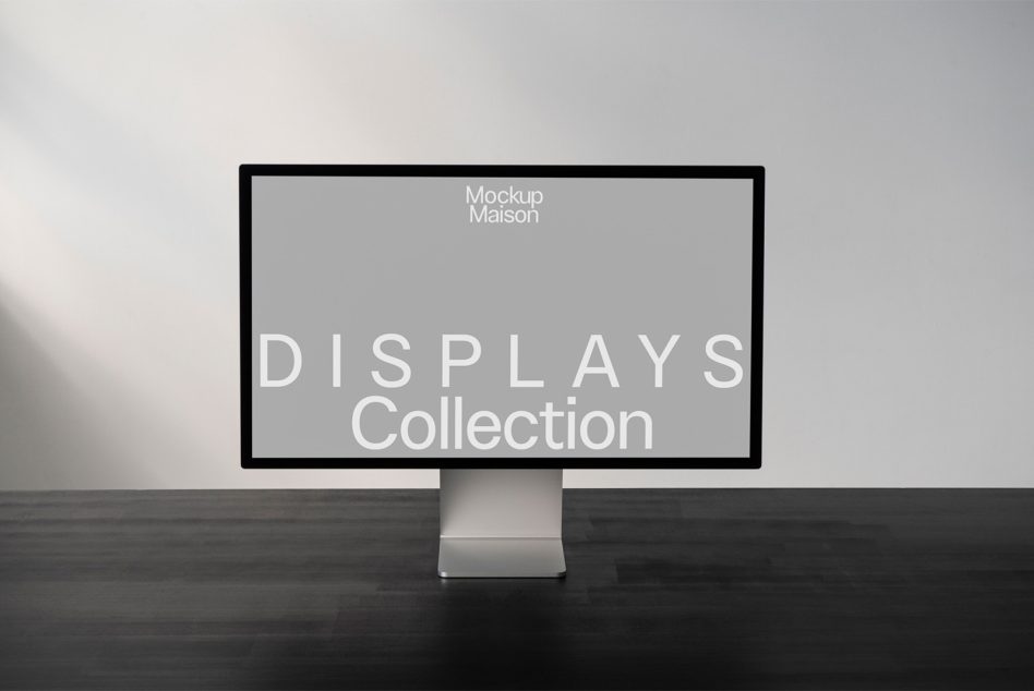 Desktop monitor mockup with editable screen, silver stand on dark floor