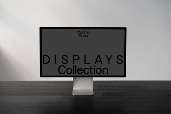 Minimalist monitor mockup in a sleek setting for digital design presentations, featuring dark wooden surface and subtle lighting effects.