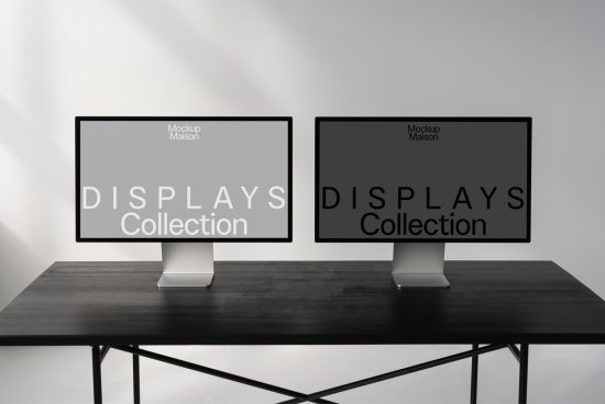 Dual computer monitors mockup on desk for display design presentation, clean modern setting, digital design asset.