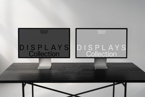 Dual monitor desk setup mockup in bright studio for showcasing digital design projects, suitable for website and portfolio display.