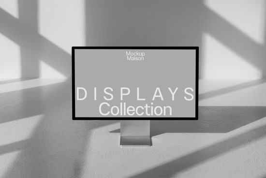 Mockup Maison Displays Collection on monitor in sunlit room, with dynamic shadows for product presentation, ideal for designers and digital marketing.