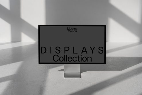 Elegant computer monitor mockup with minimalist display collection text, shadow play on white wall, modern design asset for presentations.