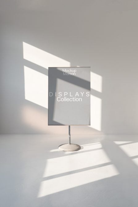 Vertical tablet stand with screen mockup in soft light with window shadows
