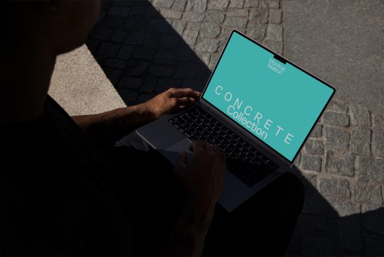 Person working on laptop outdoors showcasing screen mockup design, perfect for digital asset marketplace, designers, presentations.