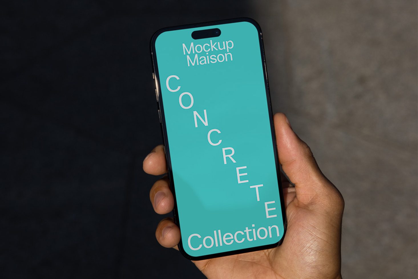 Hand holding smartphone with turquoise screen mockup for app design display, clear visibility on a dark background, ideal for designers.