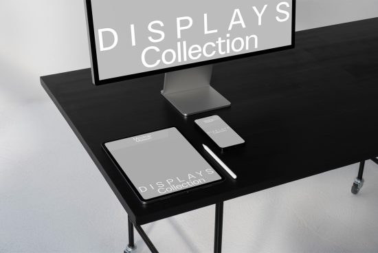 Modern device mockup collection on a stylish desk featuring a computer monitor, tablet, and smartphone for designers' presentations.