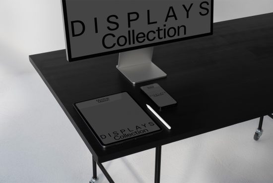 Elegant mockup display collection on a sleek desk featuring tablet, smartphone and monitor for graphic design presentations.