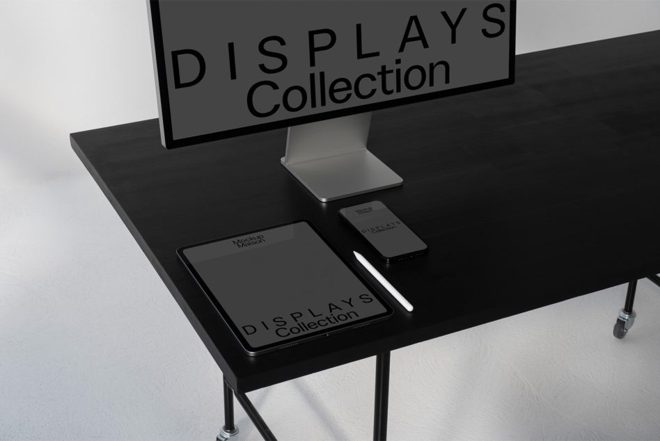 Desktop monitor, tablet, phone mockups on black desk showing displays collection branding